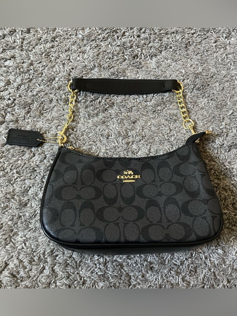 Black Coach Bag with Gold Chain Strap